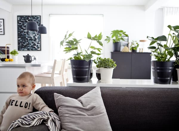 Jeune enfant appuyé contre un canapé gris dans un séjour décloisonné monochrome.