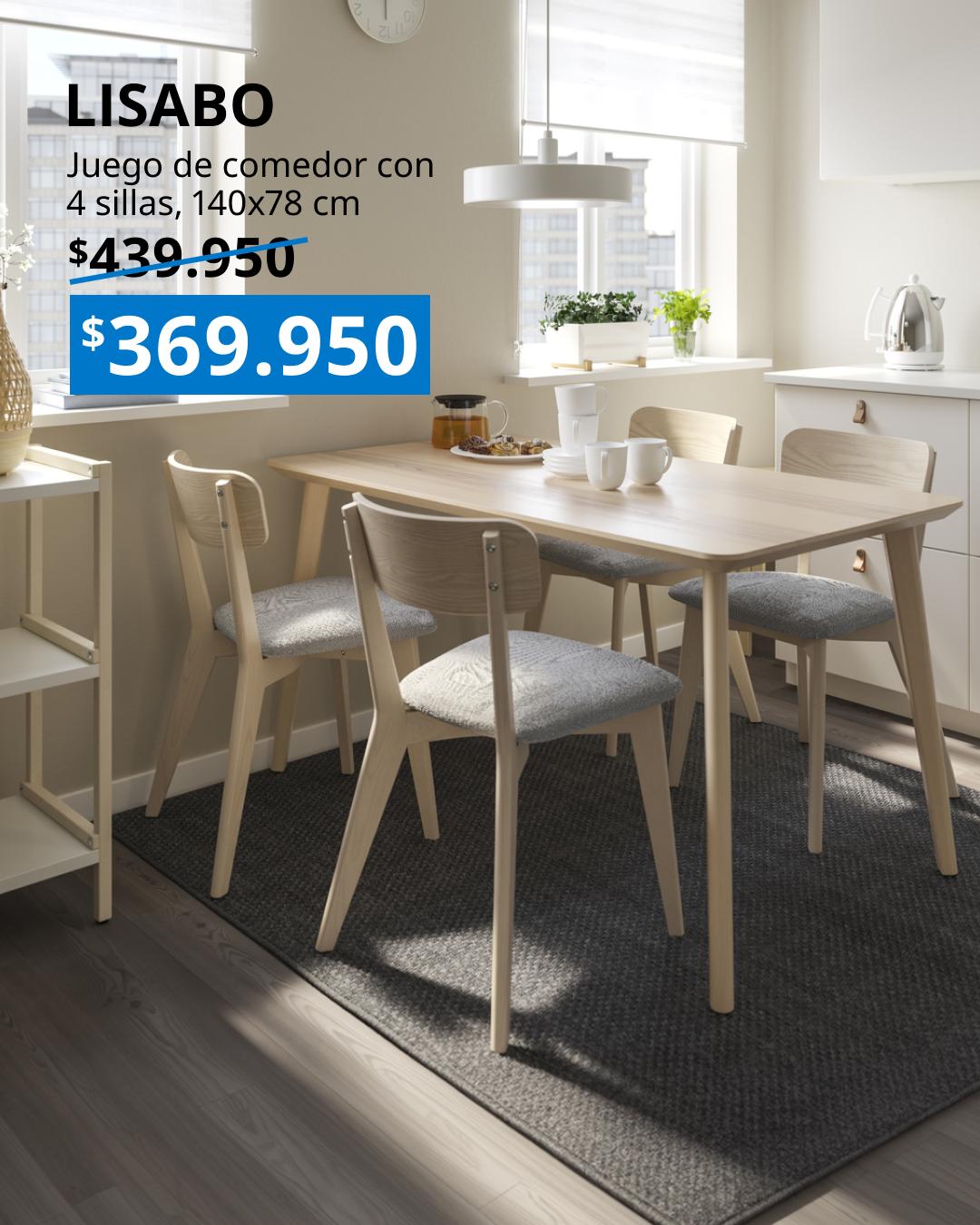 Juego de comedor LISABO con mesa de chapa de fresno de 140x78 cm y 4 sillas con asiento acolchado blanco y negro.