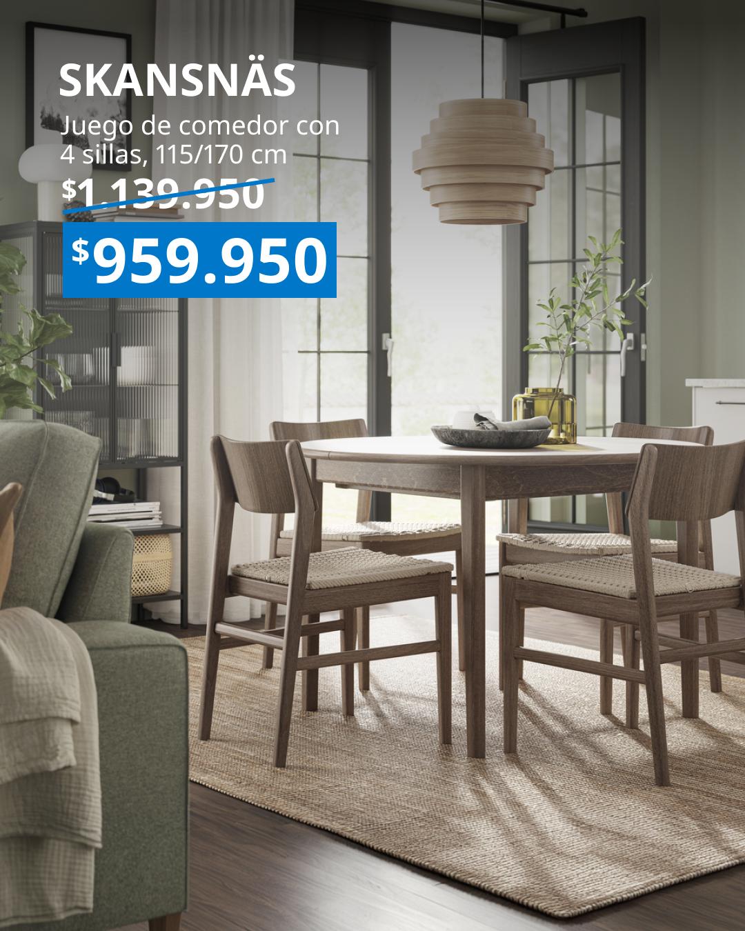 Juego de comedor SKANSNÄS café haya con mesa extensible de 115/170 cm y 4 sillas, ampliable para 6 comensales.