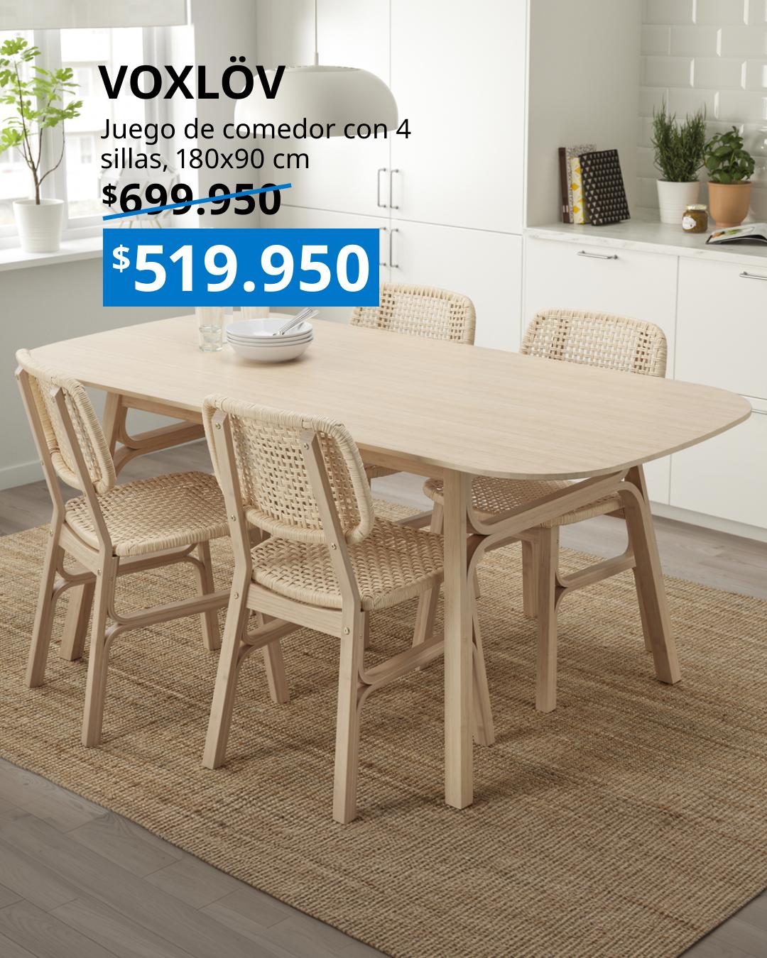 Juego de comedor VOXLÖV con mesa y 4 sillas de bambú, asientos de cuerda de papel y mesa de 180x90 cm.