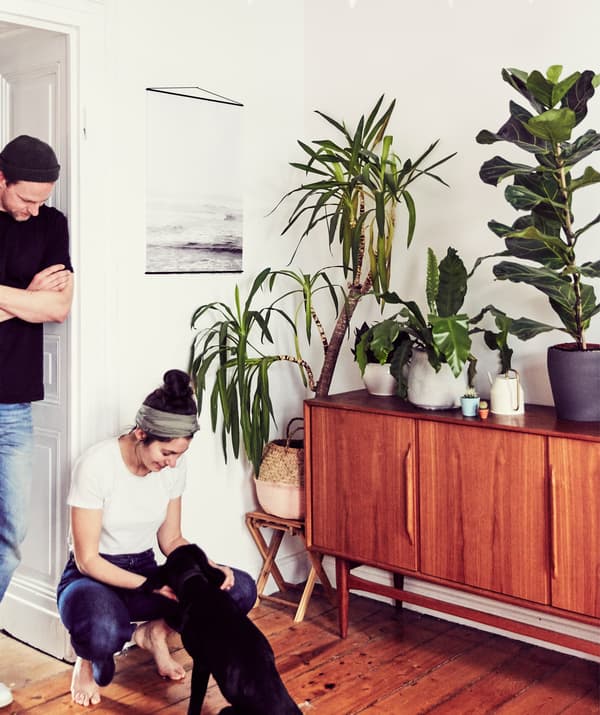 Julia and André with their dog standing next to a mid-century sideboard and potted plants.