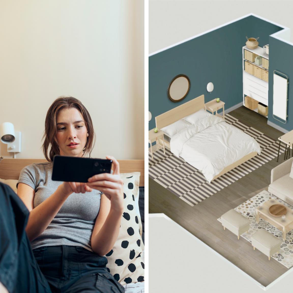 Junge Frau nutzt die IKEA Home Planer App auf dem Smartphone, um ein modernes Schlafzimmer mit skandinavischem Design virtuell zu gestalten. Perfekte Raumplanung mit IKEA Möbeln und digitaler Wohninspiration