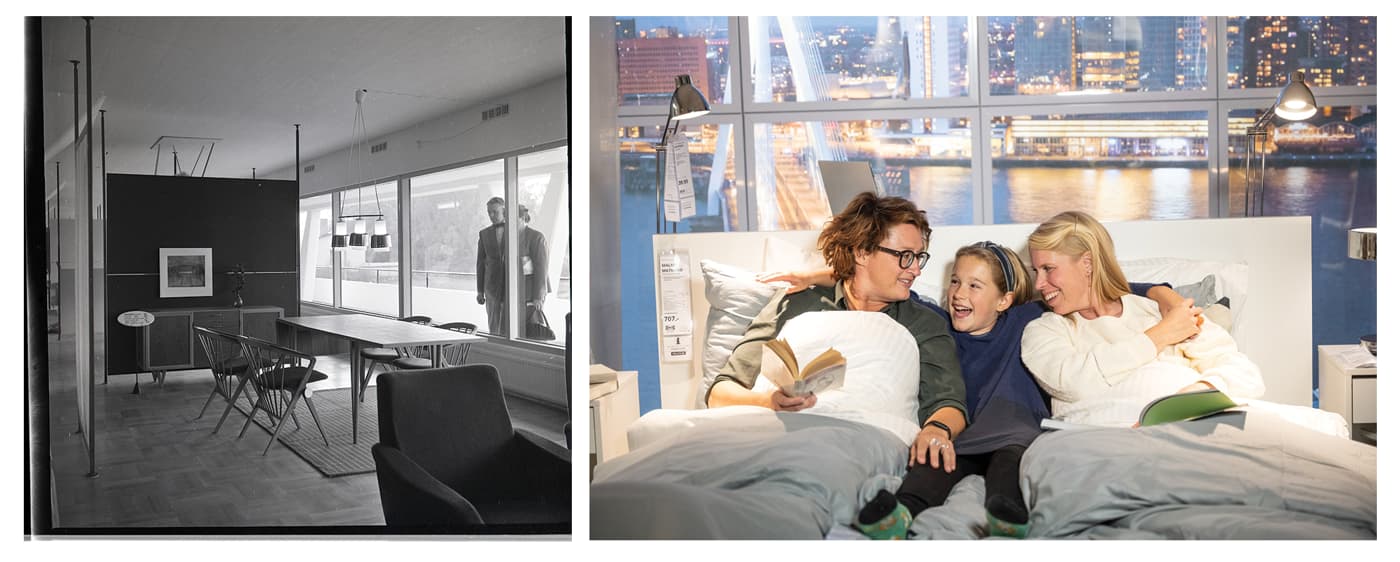 Kollage med två fotografier, en på ett skyltfönster med en matsalsgrupp och en på en säng där tre tjejer sitter och läser en bok.