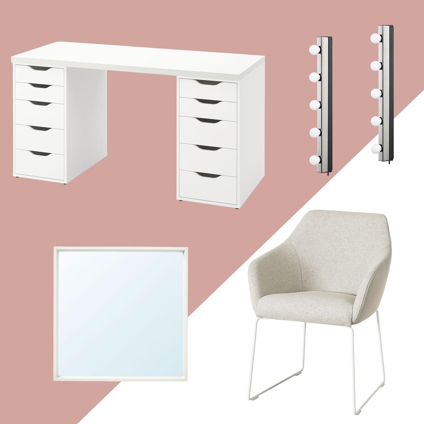 Kollagebild på sminkbordspaket med vitt sminkbord med 12 lådor, beige stol, kvadratisk spegel och två sminklampor.
