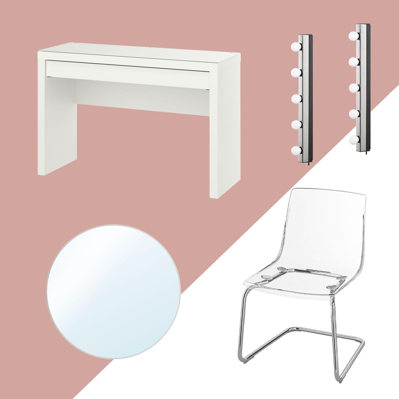 Kollagebild på sminkbordspaket med vitt sminkbord med lådoa, transparent stol, rund spegel och två sminklampor. 