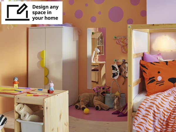 KURA reversible bed, 209 cm, white/pine in children's room