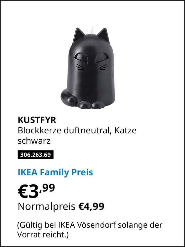 KUSTFYR Blockkerze duftneutral, Katze schwarz, 12cm Artikelnummer 306.263.69 statt € 4,99 zum IKEA Family Preis von € 3,99 