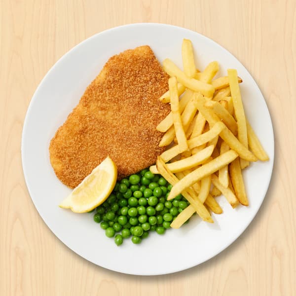 Kyllingeschnitzel
Paneret kylling med pommes frites, ærter og citron

89.-

+ bearnaisesauce 7.-
