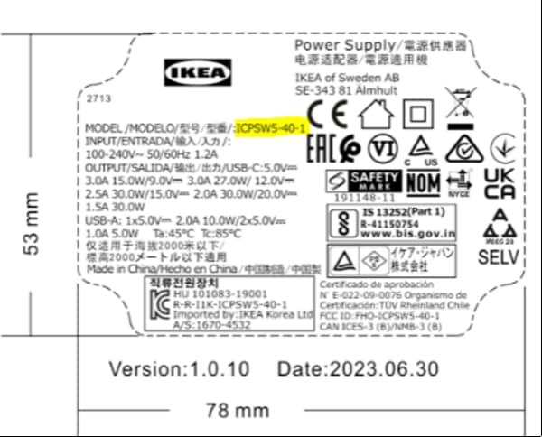 Label on the backside of the ÅSKSTORM 40W USB charger. The model number 
