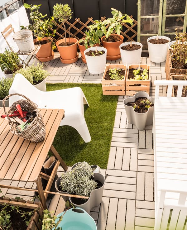 Large potted plants, planting boxes, and gardening necessities are places in the garden area.