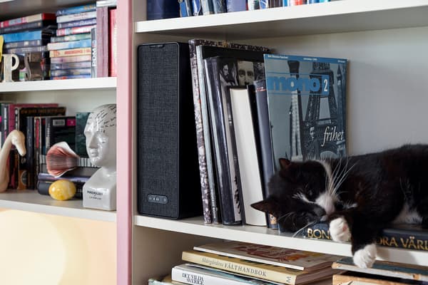 Le haut-parleur étagère SYMFONISK placé dans une bibliothèque parmi les livres. Un chat noir et blanc dort tout près.