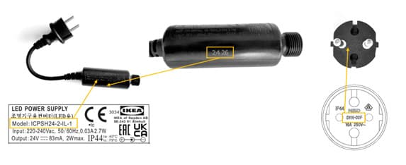 LED-Netzteil mit Markierungen wie „2426“, das auf eine Chargennummer oder Kalenderwoche/Jahr hinweisen kann.