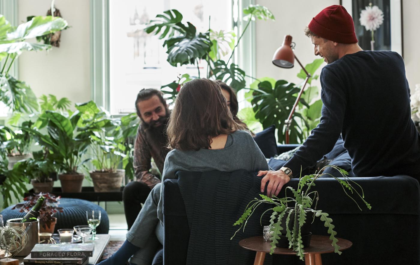 Les invités ont pris place dans un canapé en velours bleu foncé au milieu d'un séjour décoré de plantes et de textiles à imprimés botaniques.