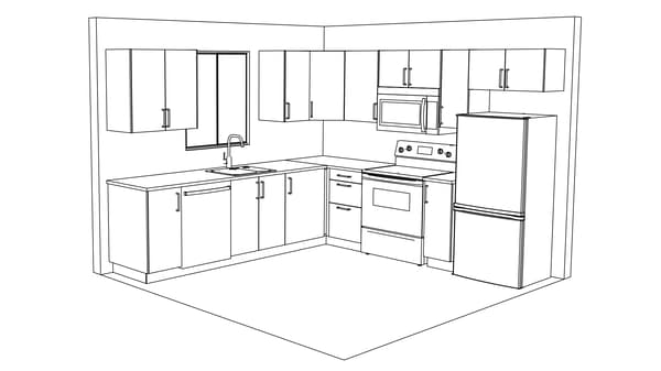Line drawing of a U-shaped kitchen with cabinets, sink, stove, microwave, fridge, and window above the sink.