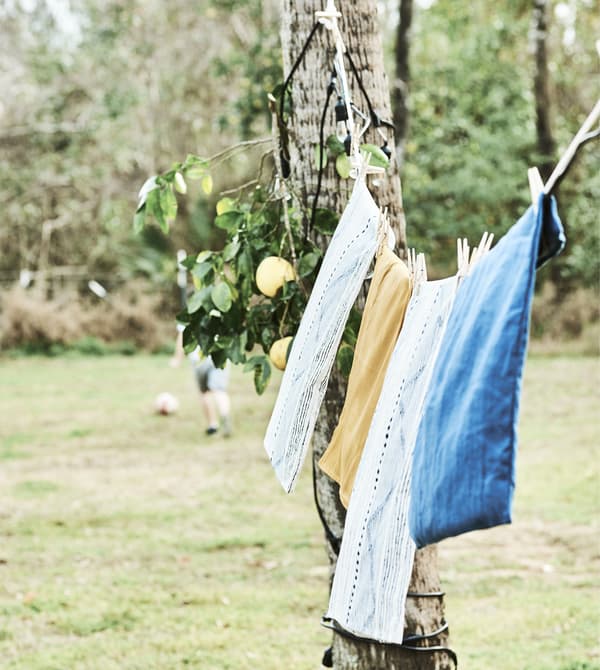 Linge pendu à un fil attaché à un arbre.
