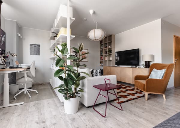 Living room after the makeover, featuring a compact workspace, open shelving, a TV corner and flexible seating, with plants adding a natural touch.						