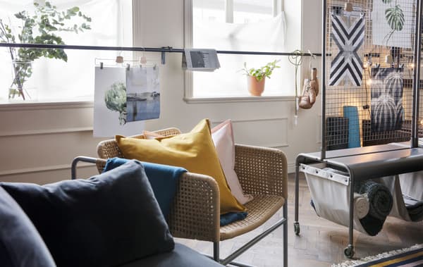 Living small but want to practise mindfulness at home? Create a room within a room with a smart room divider, such as IKEA VEBERÖD room divider in grey steel. It’s got two linen pockets that are perfect for extra storage too.