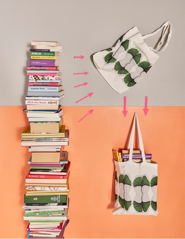 Livres emballés dans un sac en tissu.