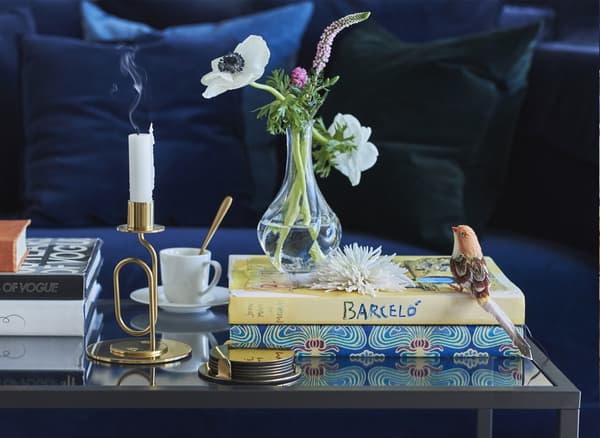 Livres et objets décoratifs sur une table basse, devant un canapé bleu garni de coussins bleus.