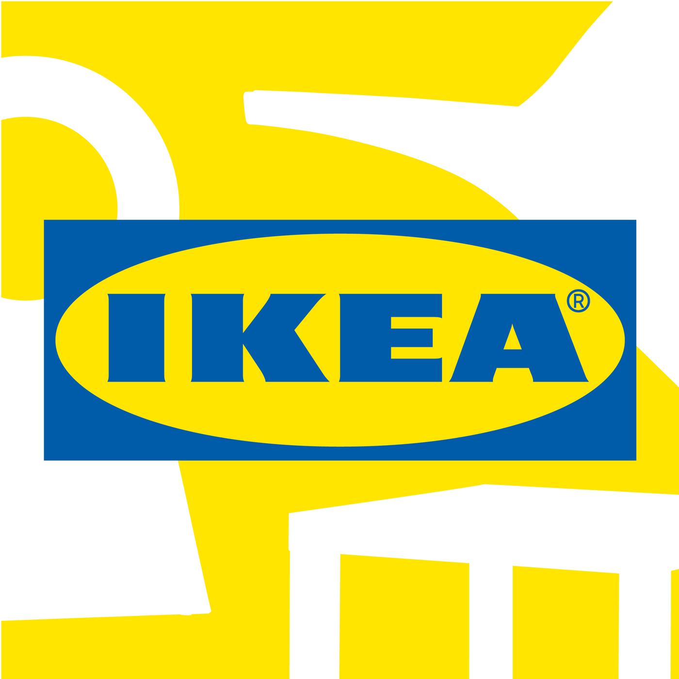 Logo IKEA en bleu et jaune sur un fond graphique avec des formes abstraites dans les mêmes couleurs.