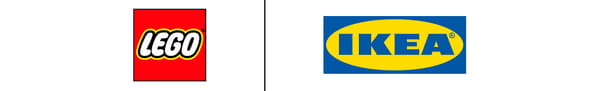 Logo LEGO dan logo IKEA muncul sebelah-menyebelah dipisahkan oleh garis hitam.