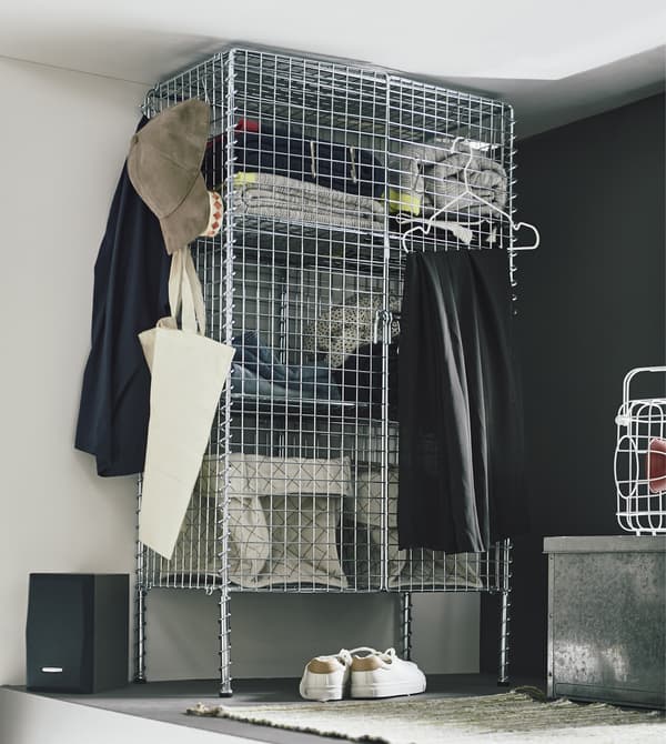 Looking for bedroom storage ideas? Try IKEA PS 2017 storage unit in grey galvanized steel. This small apartment furniture will even fit in a small sleeping loft, and the wire mesh let’s you show off your favourite stuff too.