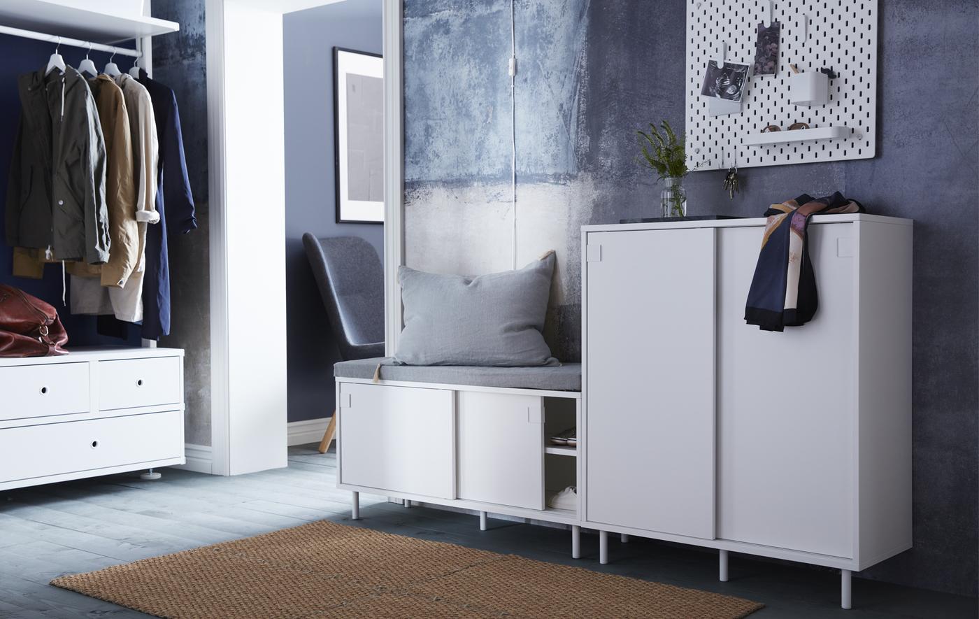 Looking for smart storage solutions for your small hallway? IKEA offers a wide range of hallway furniture such as MACKAPÄR shoe cabinet with storage compartments and space-saving sliding doors.