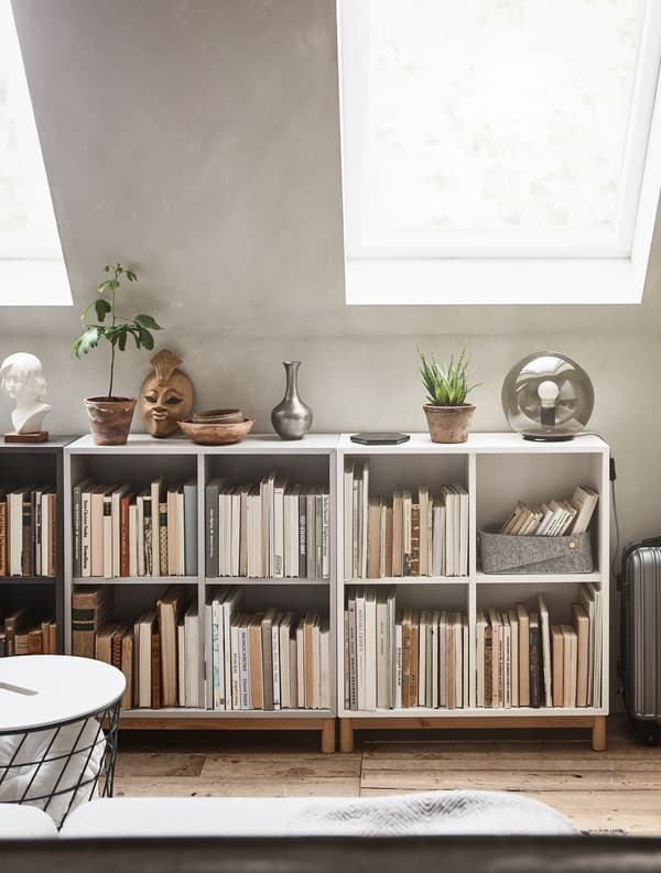 Low shelves are filled with books and hold decorative items and plants on top.