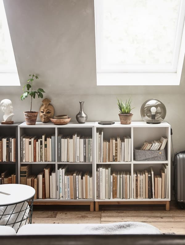 Low shelves, filled with books and displaying decorative items and plants on top.