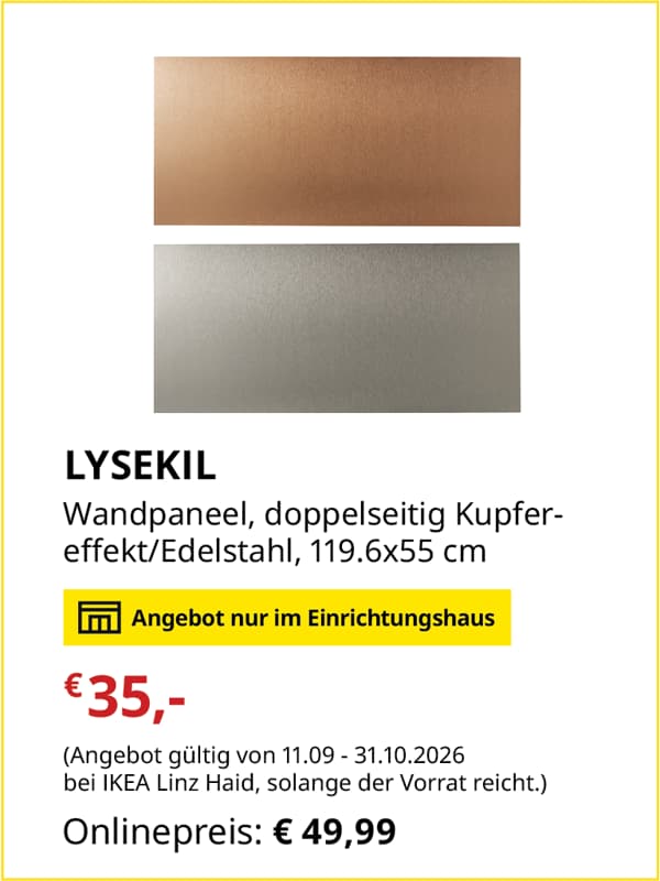 LYSEKIL Wandpaneel, doppelseitig Kupfereffekt/Edelstahl, 119.6x55 cm