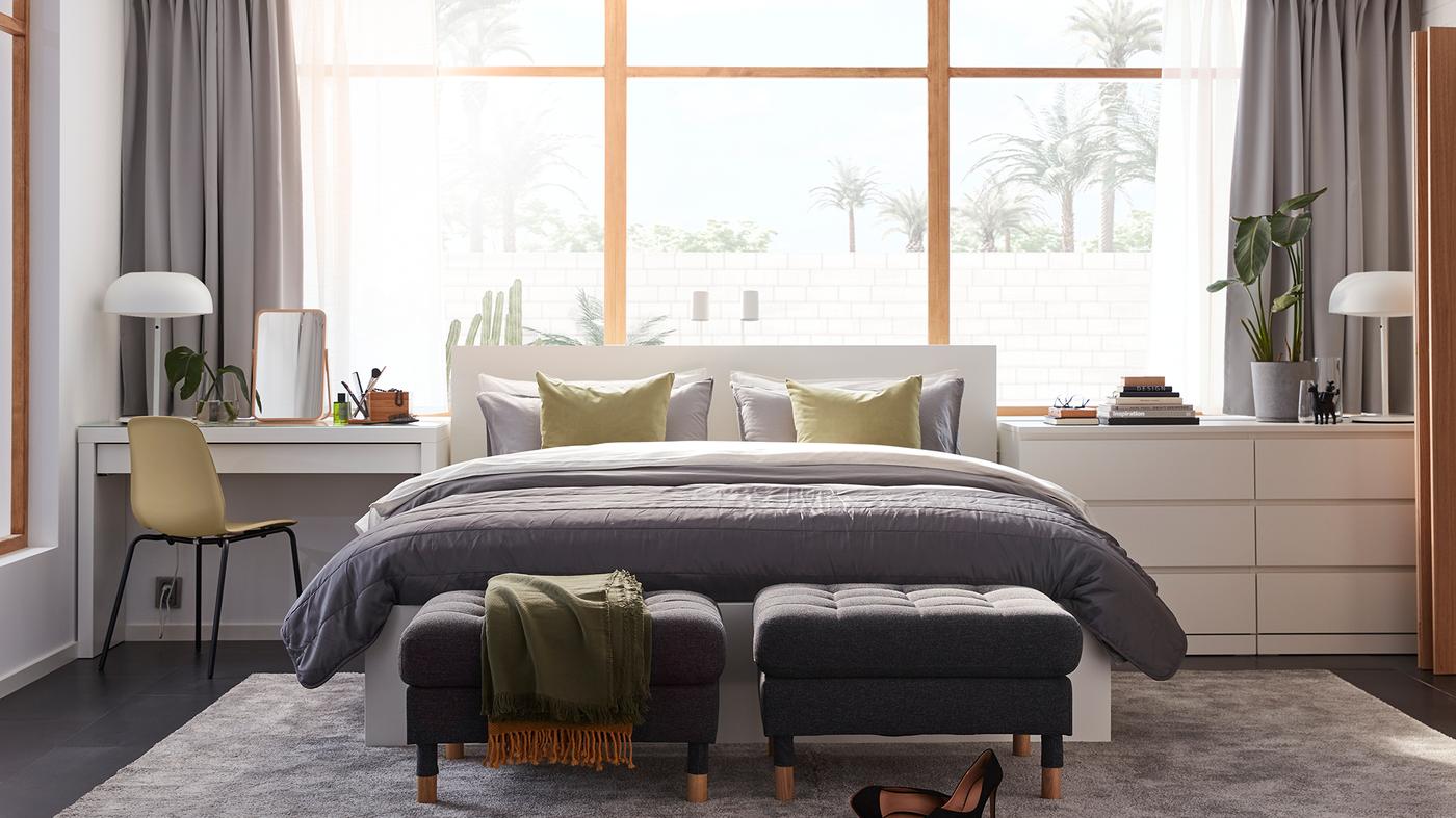MALM bed frame, MALM chest of drawers, MALM bedside table.