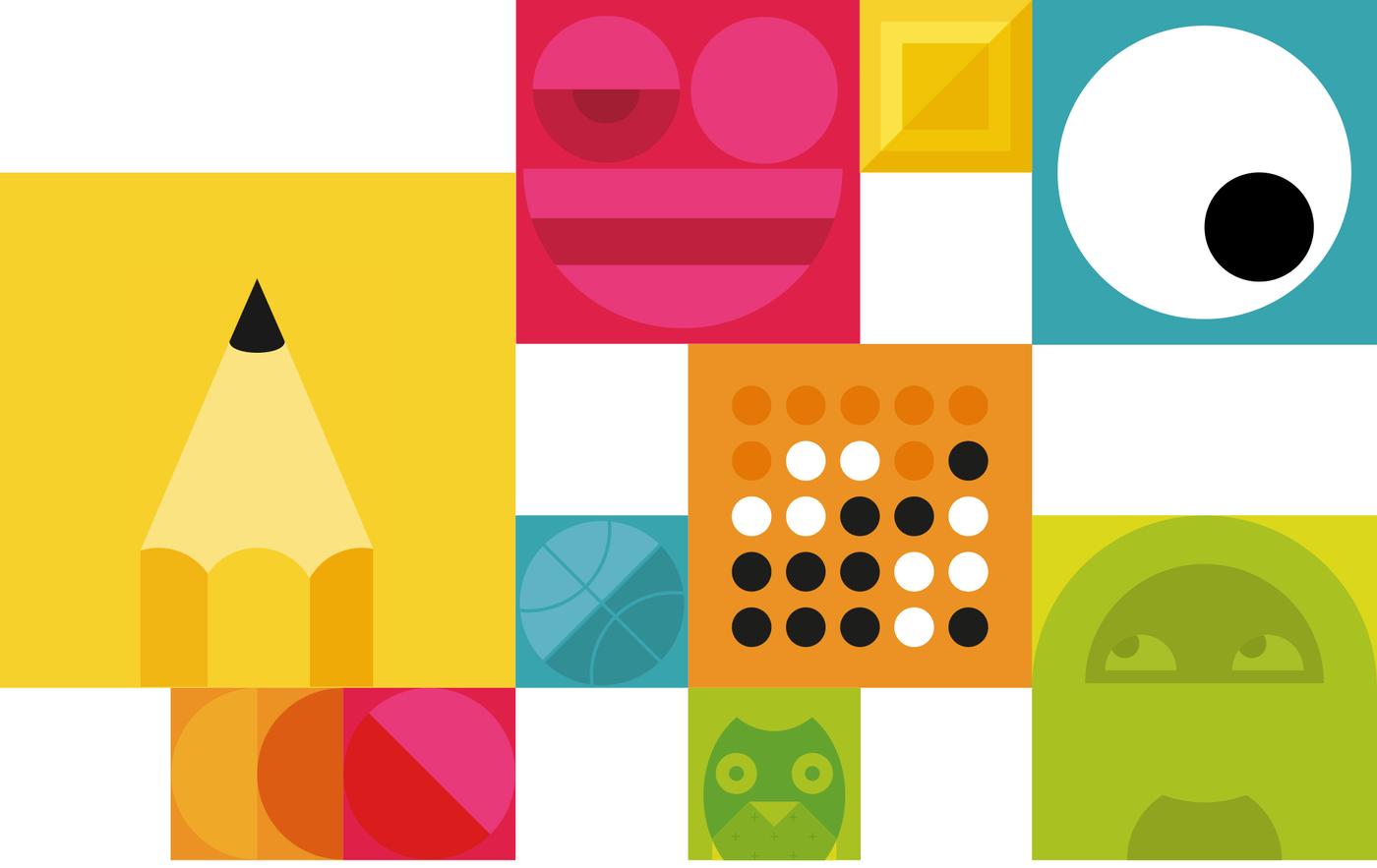 Many colourful, illustrated squares with graphic icons symbolising the themes of the IKEA Let’s Play campaign.