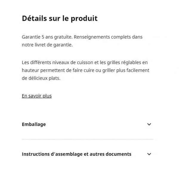 menu des détails sur le produit