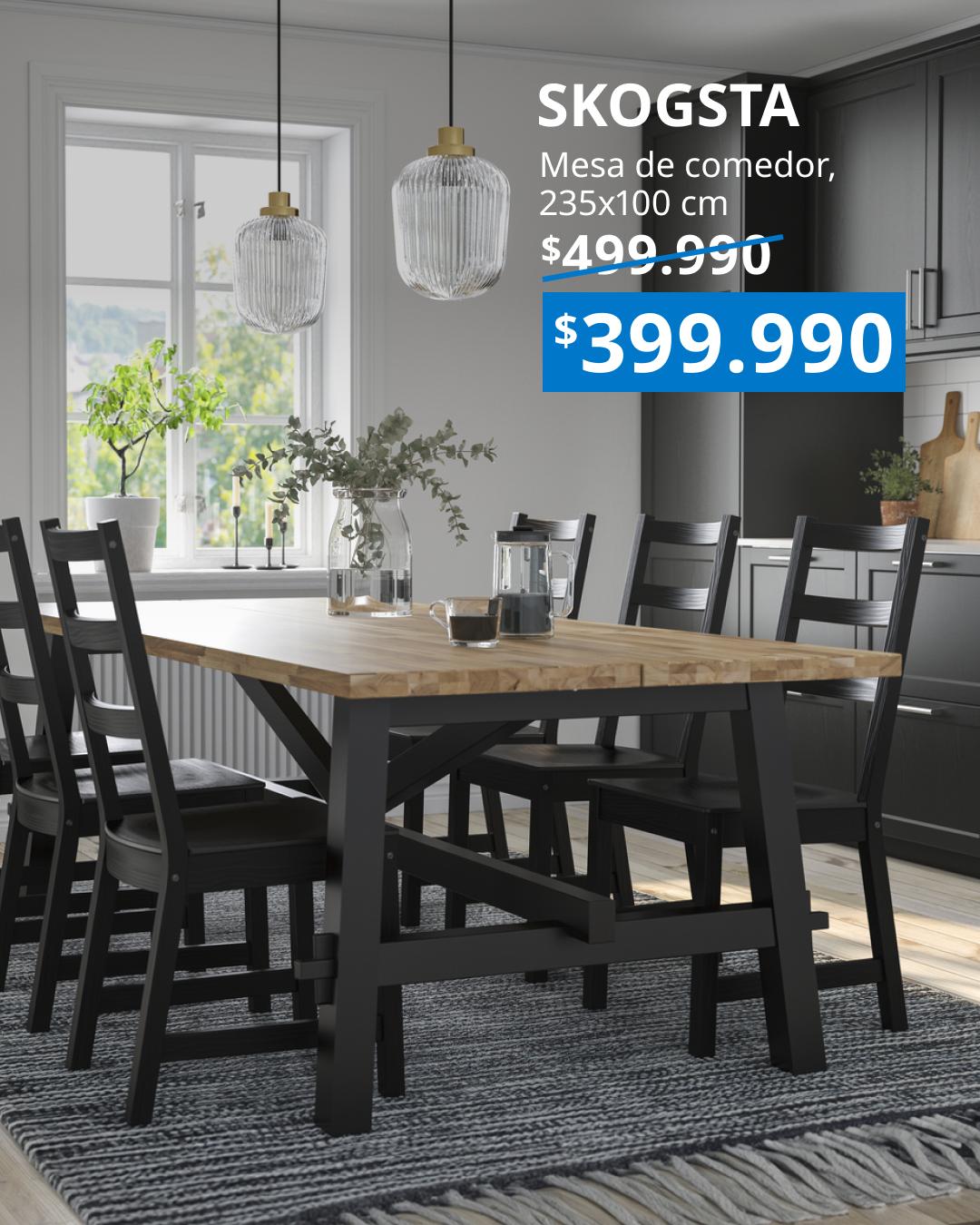 Mesa de comedor SKOGSTA de acacia maciza con acabado negro, 235x100 cm, con capacidad para 6-8 personas.