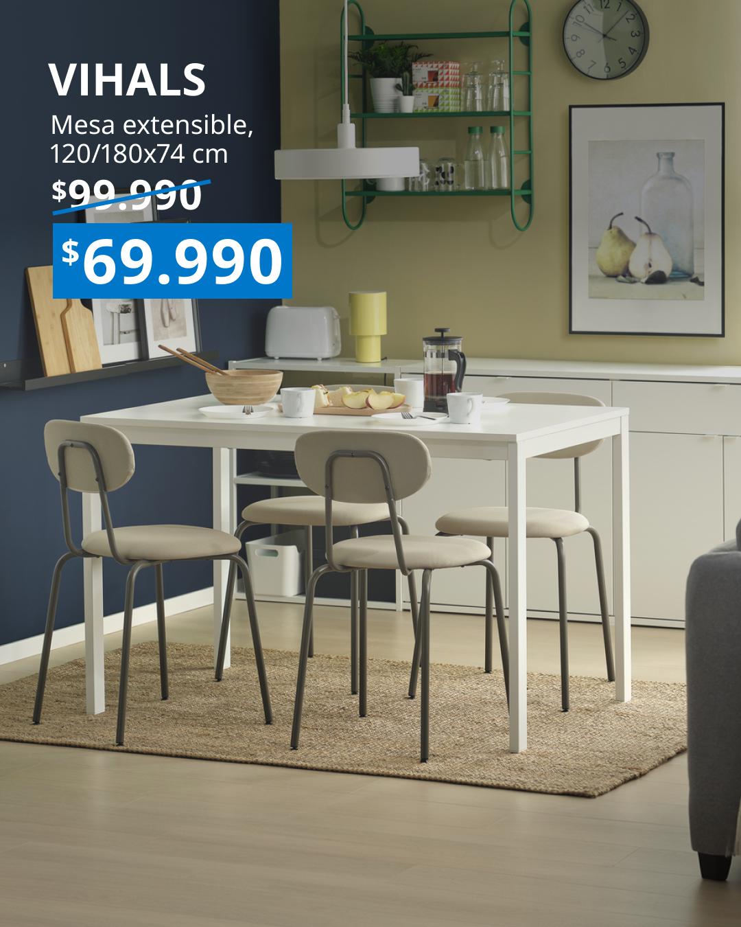 Mesa de comedor VIHALS blanca y extensible, de 120 a 180 cm de largo, con capacidad para 4-6 personas.
