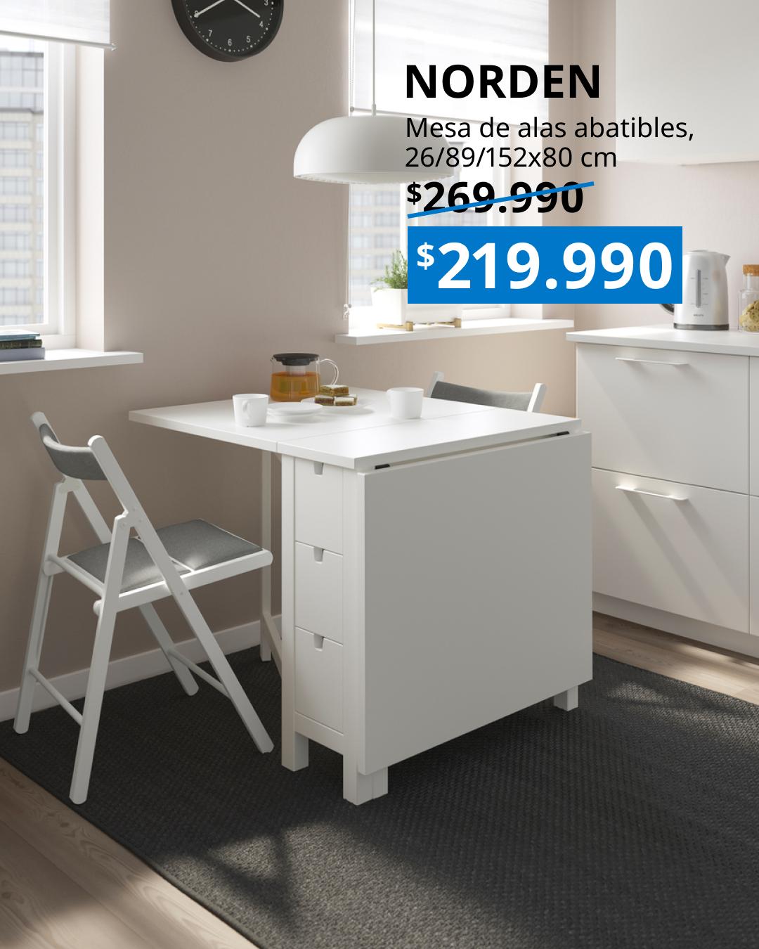 Mesa NORDEN blanca con alas abatibles y 6 cajones, extensible de 26 a 152 cm y con espacio para 2-4 comensales
