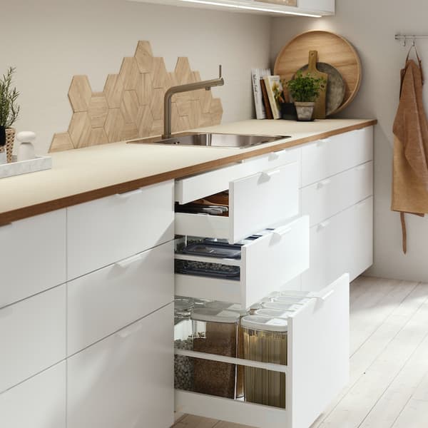 METOD base cabinet with sink and three fronts and two drawers with white VEDDINGE doors. 