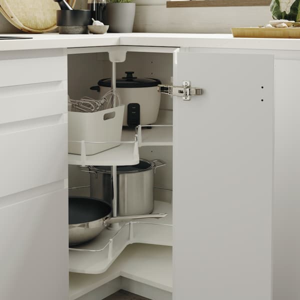 METOD corner base cabinet with carousel storing clean containers
