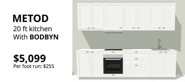 METOD kitchen with BODBYN off-white framed cabinet fronts and brass-coloured handles in a classic kitchen layout.