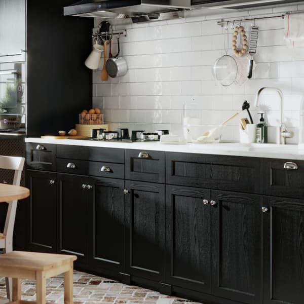 METOD kitchen with LERHYTTAN front doors and wall cabinets with doors. 
