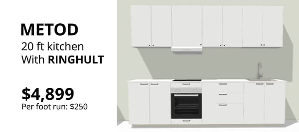 METOD kitchen with RINGHULT white cabinet fronts, wall cabinets and base cabinets in a straight-line kitchen layout.