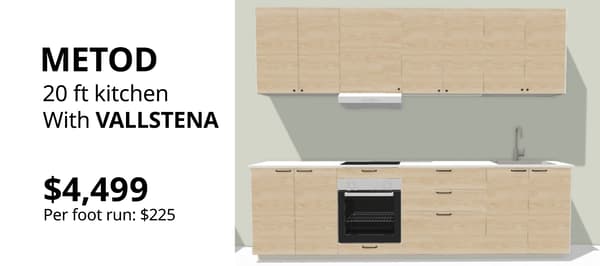 METOD kitchen with VALLSTENA oak cabinet fronts, wall cabinets and base cabinets in a straight-line kitchen layout.