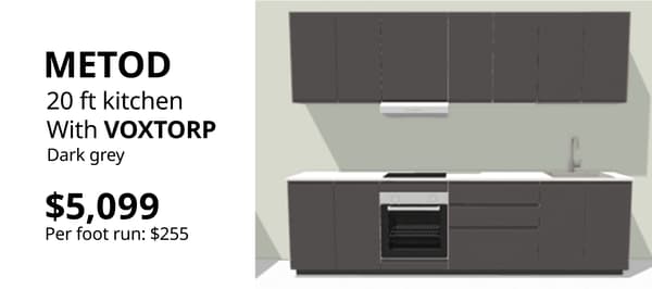 METOD kitchen with VOXTORP dark grey handle-free cabinet fronts in a contemporary straight-line kitchen layout.