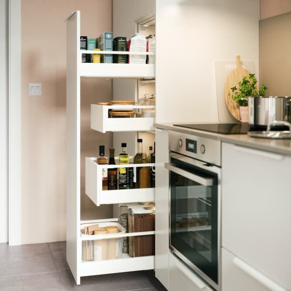 METOD with MAXIMERA pull-out drawer for safe storage of bottles of condiments 