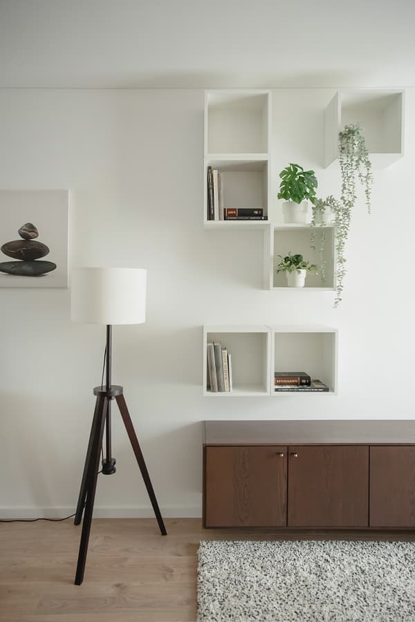 Minimalist wall setup featuring white open cube shelves arranged asymmetrically, displaying books and potted green plants. A dark wooden cabinet sits below, paired with a white lampshade on a tripod black stand. Light wooden flooring and a soft, speckled rug add warmth and texture to the bright interior.
