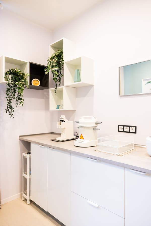 Modern beauty salon workspace with white cabinets, greenery, and professional equipment.