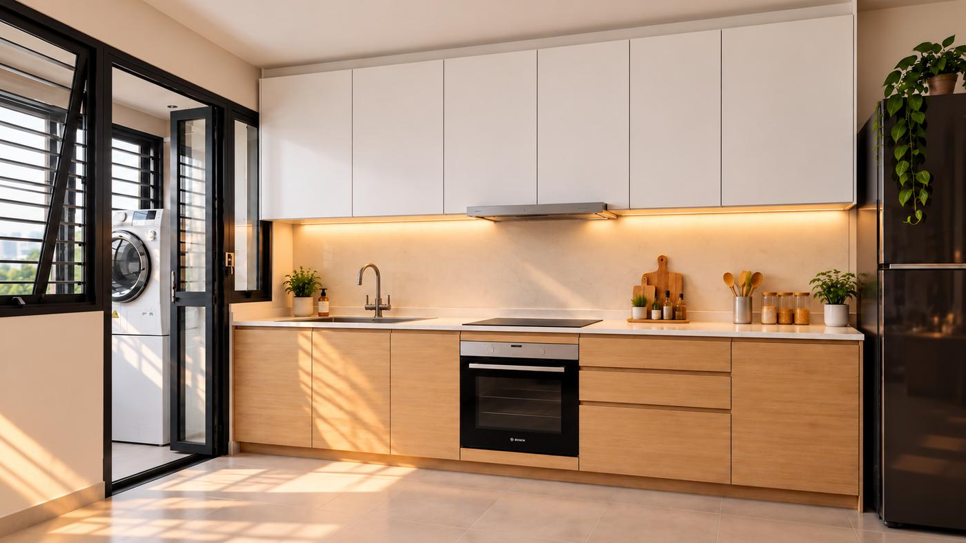 Modern METOD IKEA kitchen with white upper cabinets, light wood lower cabinets, a built-in oven and cooktop, sink, and warm under-cabinet lighting. A black-framed window and door open to a laundry area with a washing machine, while a tall black refrigerator and plants sit on the right.