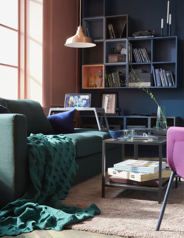 Modern seating like VIMLE 3-seat sofa from IKEA is comfortable, flexible and multipurpose. It has a dark green Gunnared polyester cover, and you can form it to suit your space and store stuff in its footstool.
