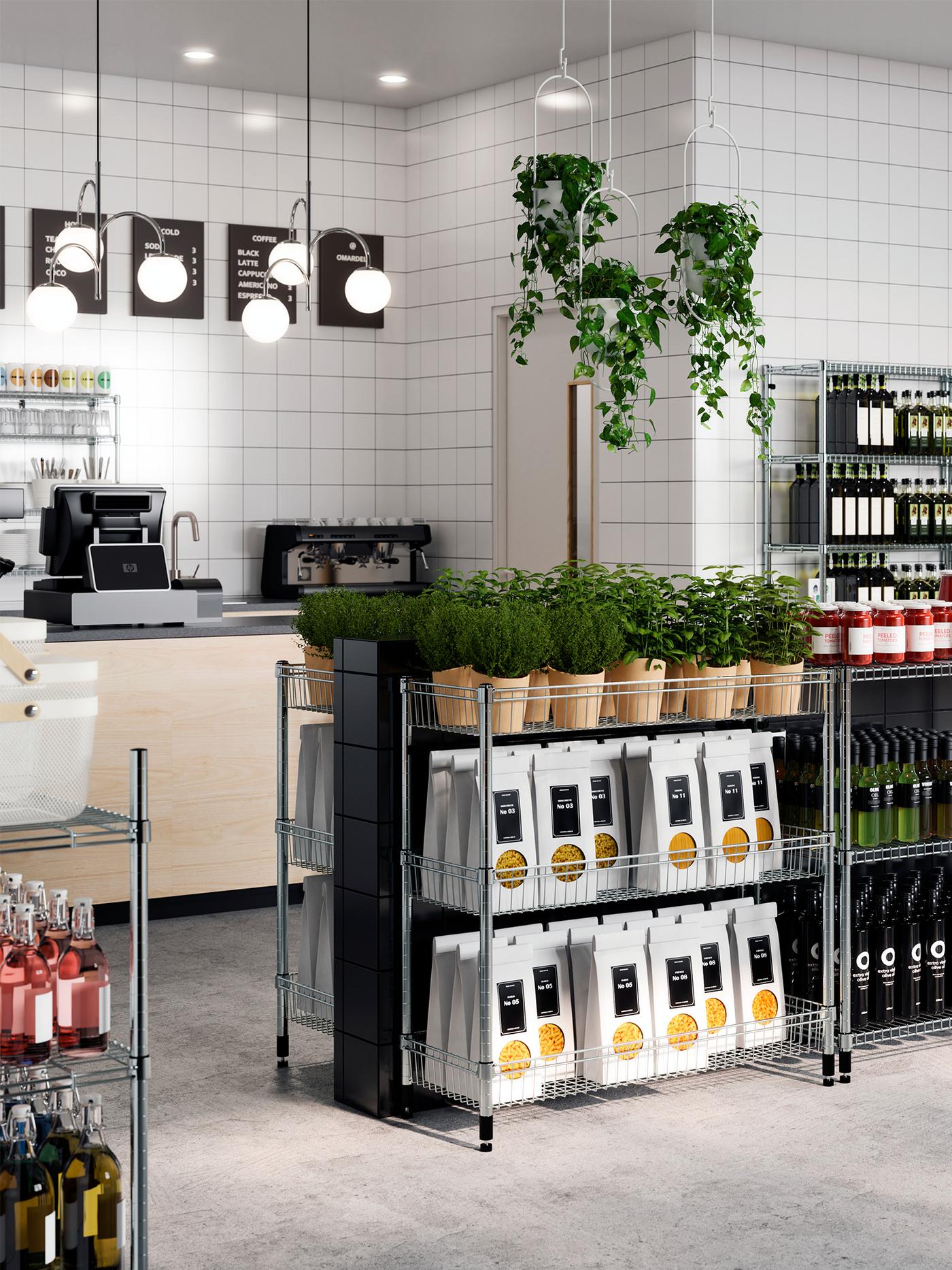 Modern store interior with white tiled walls, lined with houseplants and displayed products.