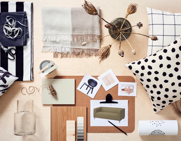Mood board of various IKEA furniture products on a mood board with colour palette, as part of IKEA home design service